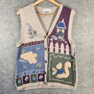 VTG Teddi Squirrel Cottagecore Grandmacore Embroidered Knit Sweater Vest Tan S